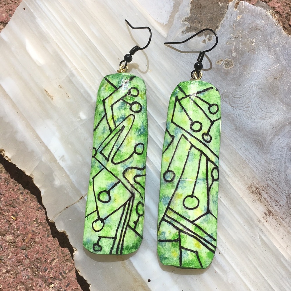 Modern design green paper earrings handmade
